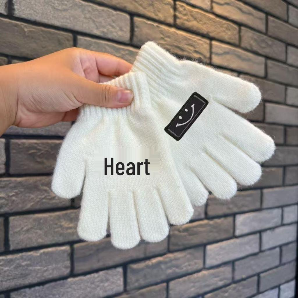 Korean Style Kids' Woolen Knit Five-Finger Gloves with Smiley Face for Autumn/Winter Warmth