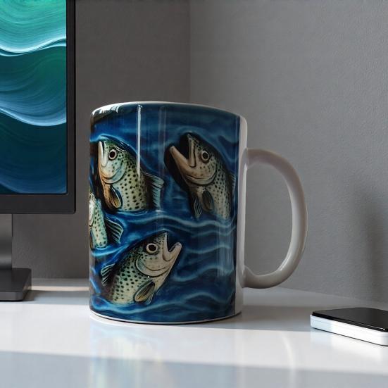 Fishing Ceramic Mug Trout Fish Design Coffee Mug with Blue Wave Pattern 11/15oz Fish Art Drinkware Gifts for Men Fisher