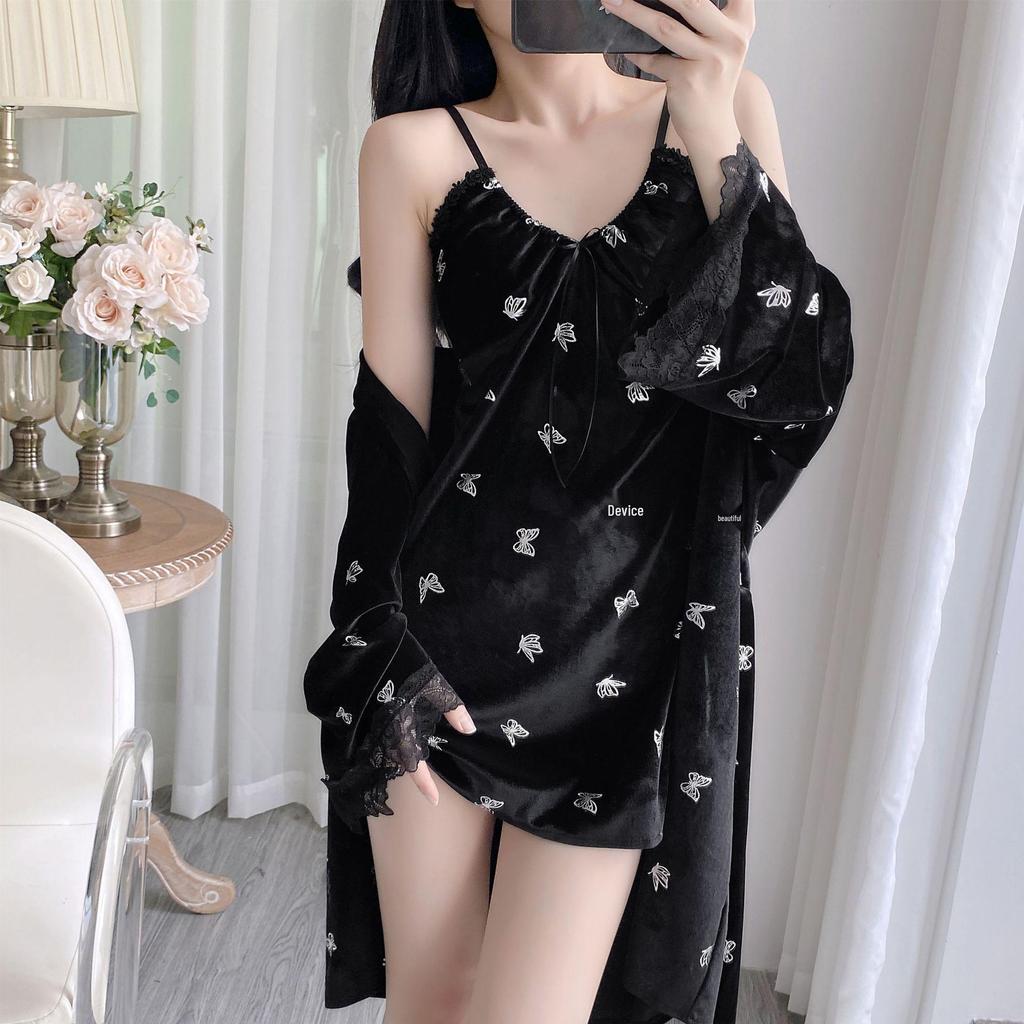 Women's Autumn/Winter Velvet Two-Piece Pajama Set - Butterfly Camisole Nightdress & Robe