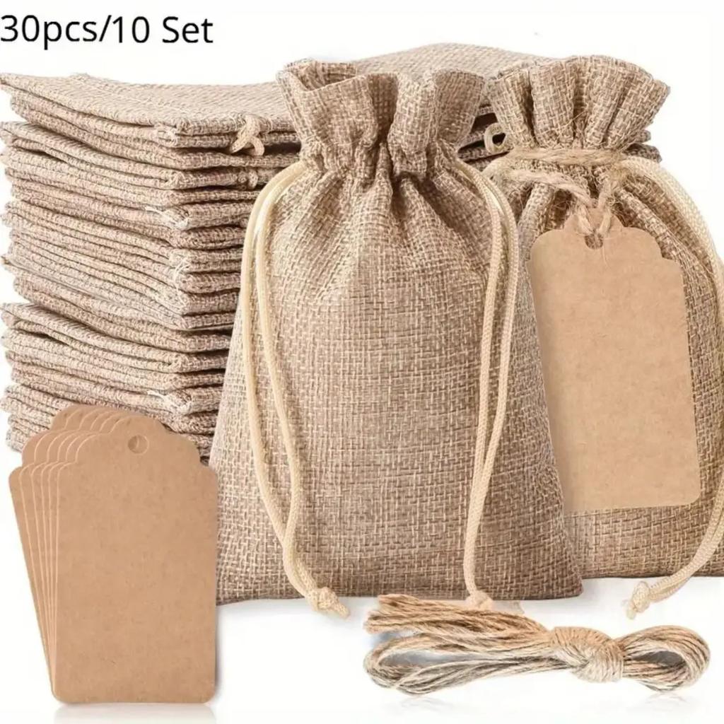 30pcsSet, Premium Burlap Gift Bags with Drawstring and Gift Tags String, 4x6 Inch Reusable Gift Bags, Burlap Bags, Linen Sac