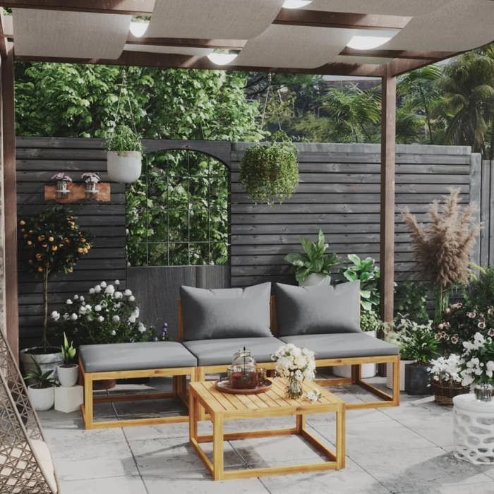 Gartenlounge - EXKLUSIVES HAUS - 4 Teile - Geölte massive Akazie - Dicke abnehmbare Kissen - Modulares Design
