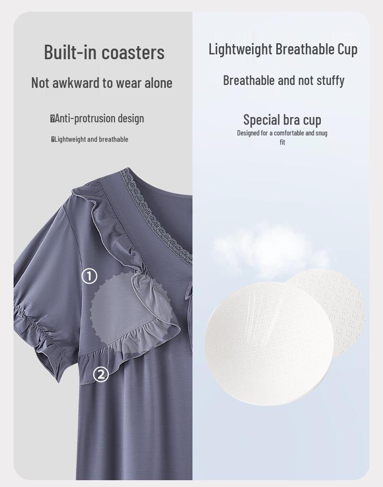 Women's Court Style Cotton Silk Nightgown with Built-In Bra Pads, French Large Size Summer Pajama Dress