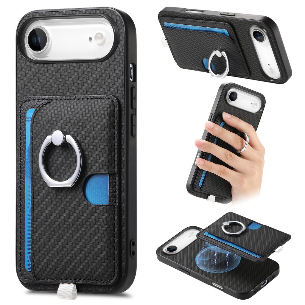 For iPhone Air Case Ring Kickstand Leather Back Cover with Magnetic Detachable Card Holder