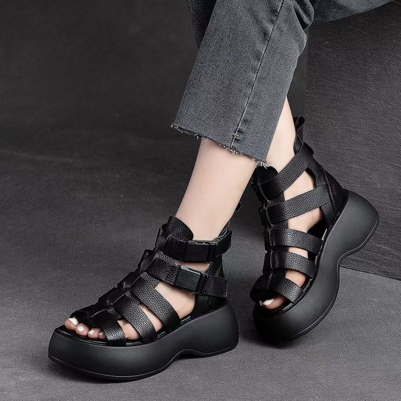 Women Leather Hollow Out Thick Sole Peep Poe Cool Boots Summer New Lightweight Breathable Fashionable Velcro High Top Sandals