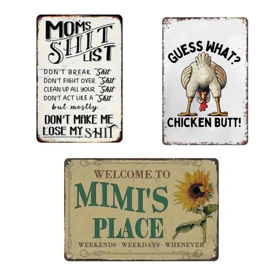 Retro Metal Sign Funny Moms Shit List/Chicken Butt/Welcome To Mimi's Place Poster Sign Vintage Farmhouse Wall Decor for Garden Yard Bar Porch Home