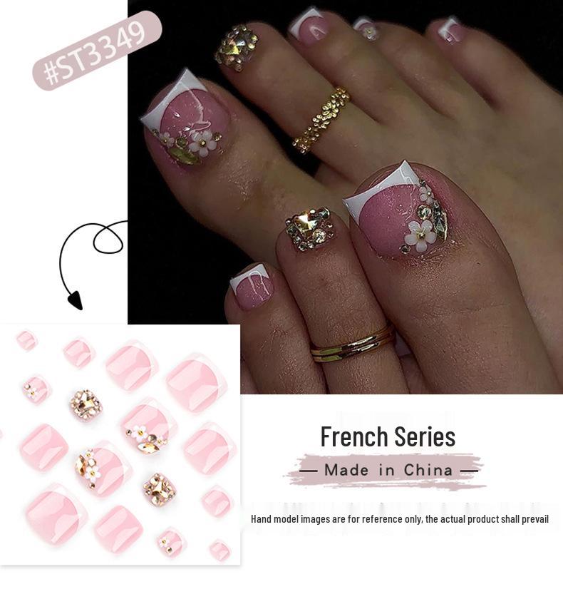 French White Edge Rhinestone Press-On Toenails with Flower Nail Art - Super Sparkly Nail Tips