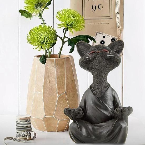 Resin Zen Cat Figurine In Meditation Pose for Home and Office Decor