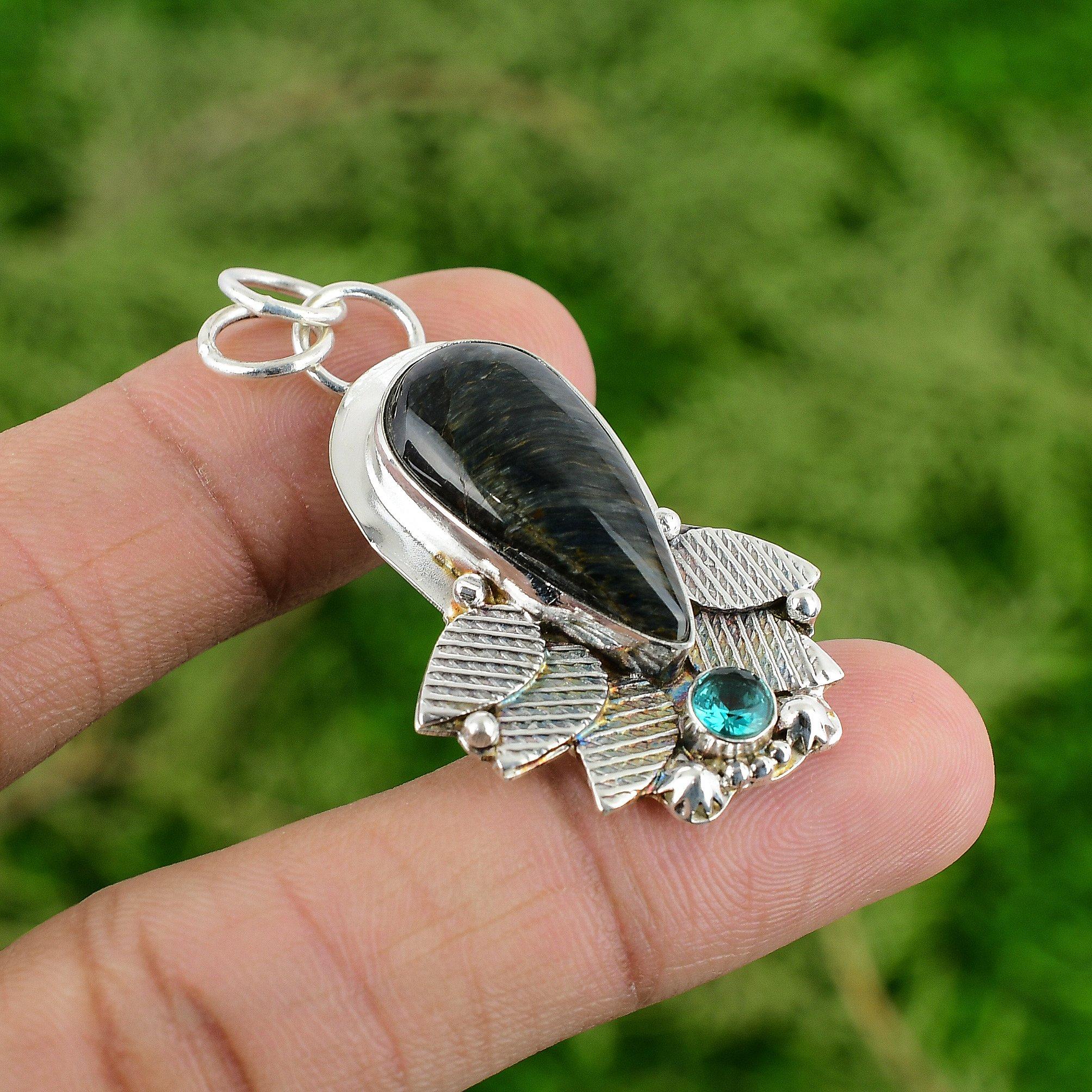 

Daughters Day Sale Pietersite Stone Swiss Blue Topaz Wife New Pendant 925 Silver