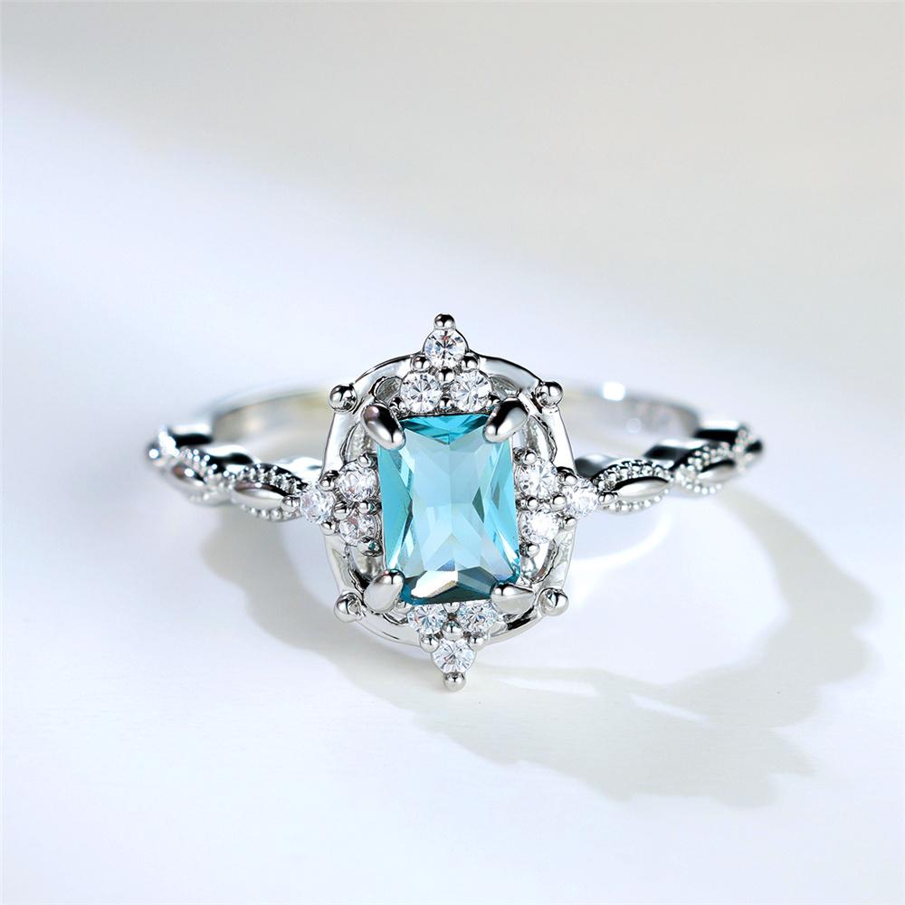 Luxury Female Crystal Light Blue Zircon Stone Square Engagement Ring Vintage Silver Color Wedding Jewelry For Women