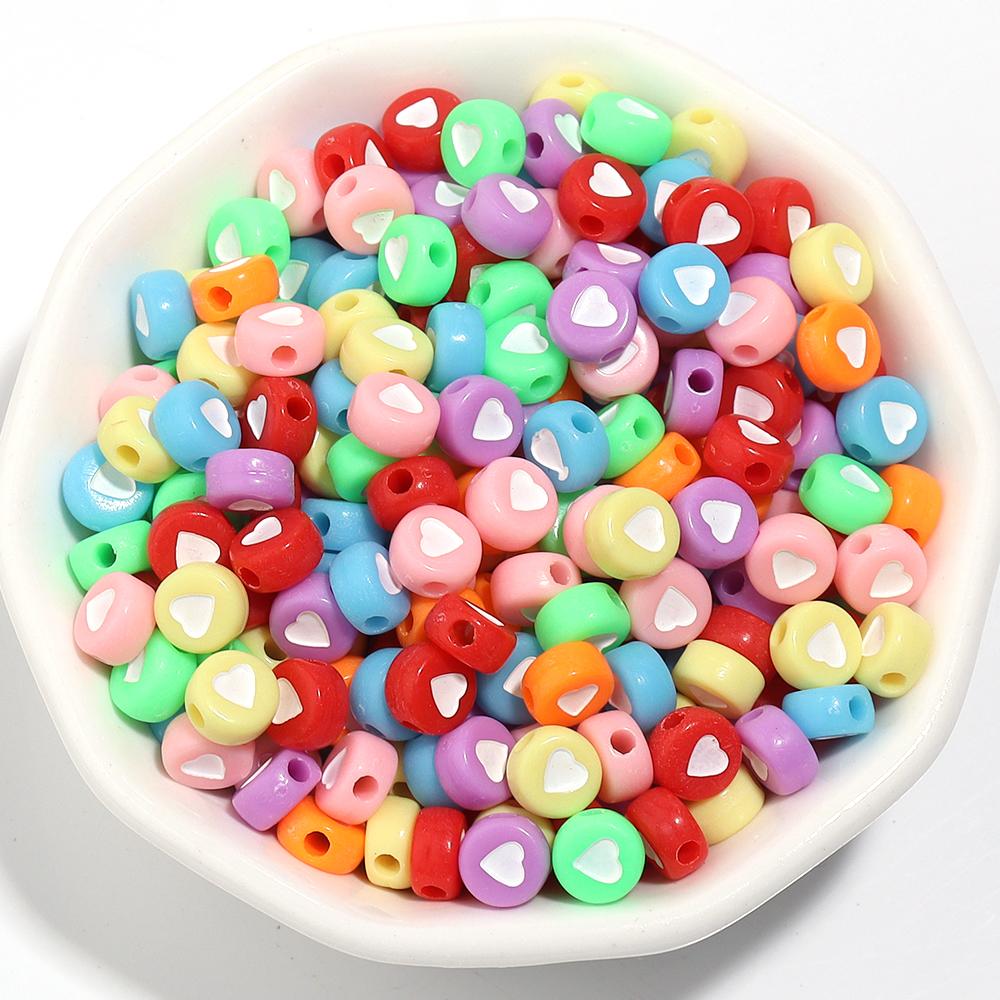 100Pcs/Lot Flat Round Acrylic Beads Colorful Heart Loose Spacer Bead for Jewelry Making Handmade DIY Bracelet Necklace Accessory