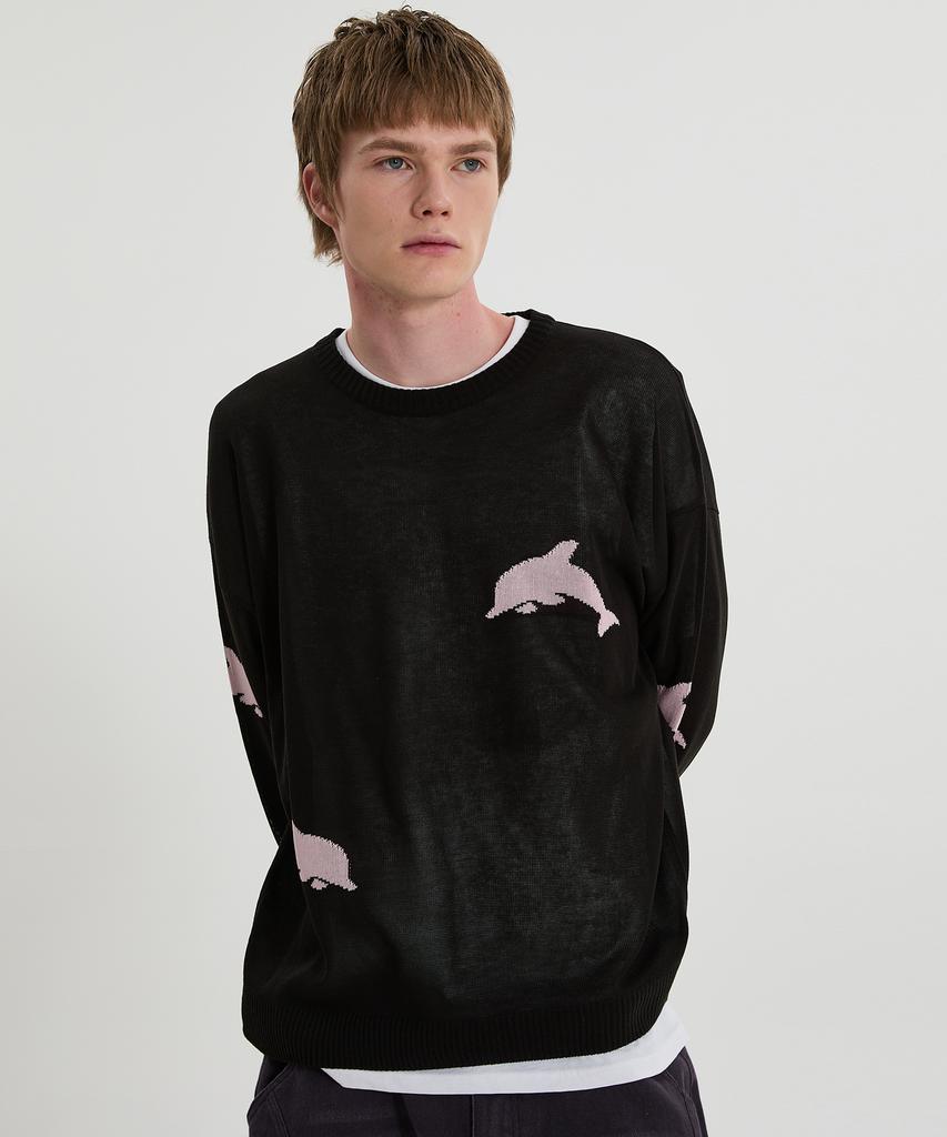 WAIKEI Dolphin See-Through Crew Neck Knit Black