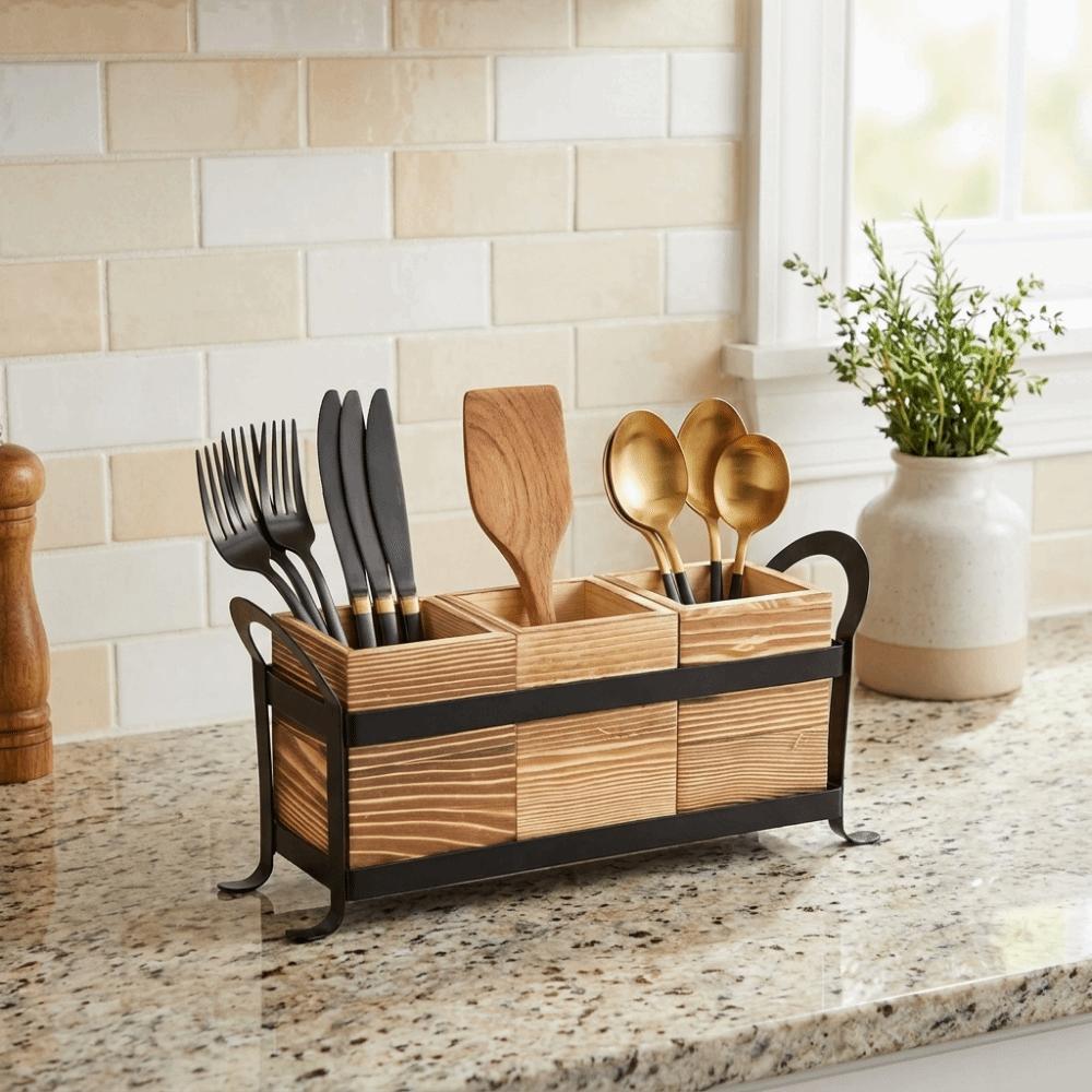 Großer Kapazität 3 Fächer Besteckhalter Holz Besteck Organizer für Küche