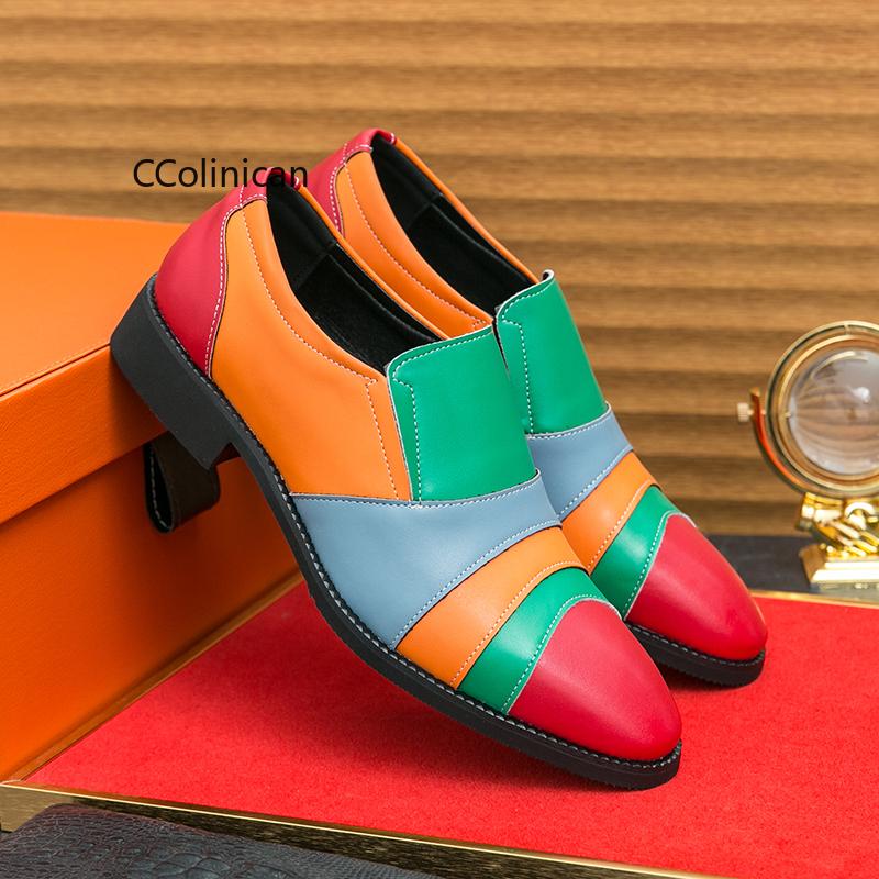 Hot Street Fashion Men Designer Pointed Patent Leather Shoes Mix Color Patchwork Loafers Wedding Male Office Dress Casual