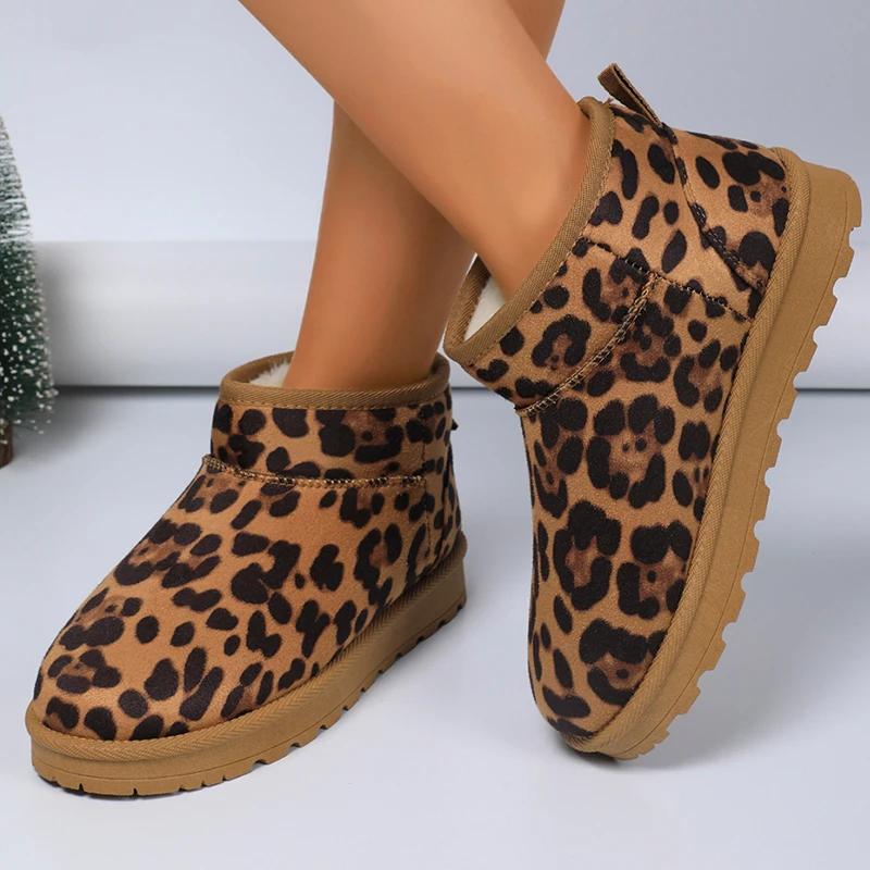 Fashion Leopard Faux Suede Ankle Boots Women Winter Thicken Plush Cotton Padded Snow Boots Thick Sole Non Slip Platform Casual Shoes
