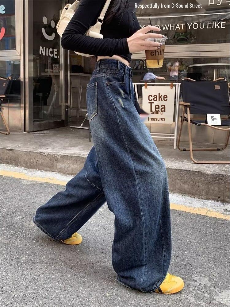 Women's Spring Retro Curved Blade Wide-Leg Scythe Jeans: Casual, Loose, and Slimming with a Floor-Length Design