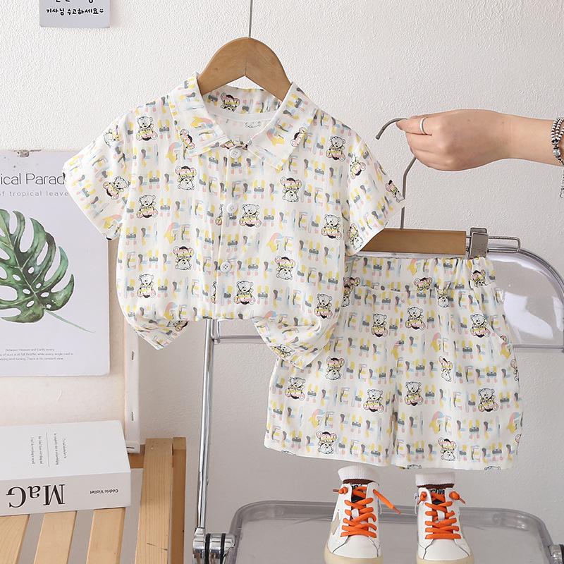 Cartoon Letter Print Boys Summer Shirt & Shorts Set - Cotton, Short-Sleeved 80cm - S