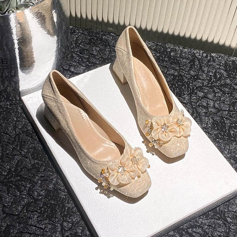 Fashion Fashion Flower High-heeled Single Shoes Autumn New Square Toe Shallow Cuff Foot Non-slip Wear-resistant Block Heel Shoes