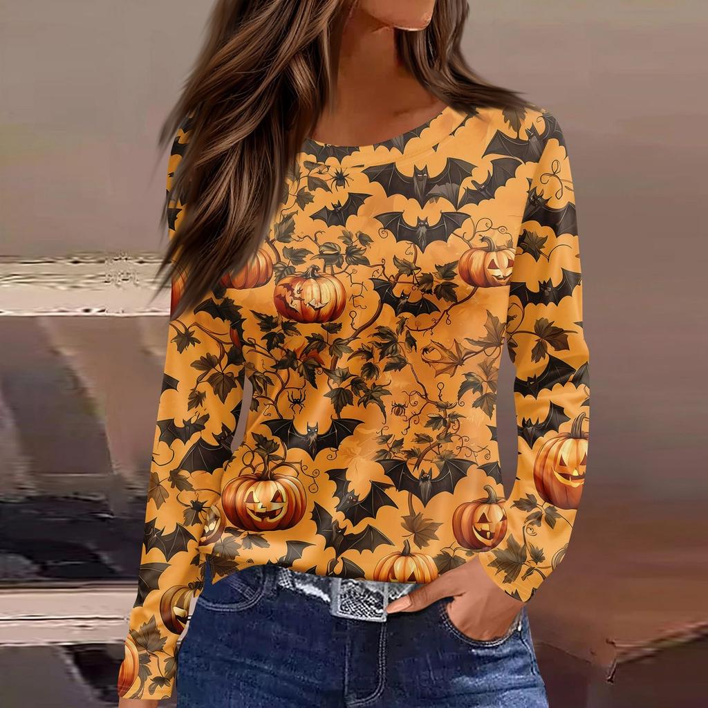 Women's Fashion Casual Slit Hem Round Neck Long Sleeve Loose Halloween Printed T-Shirt Ladies Top