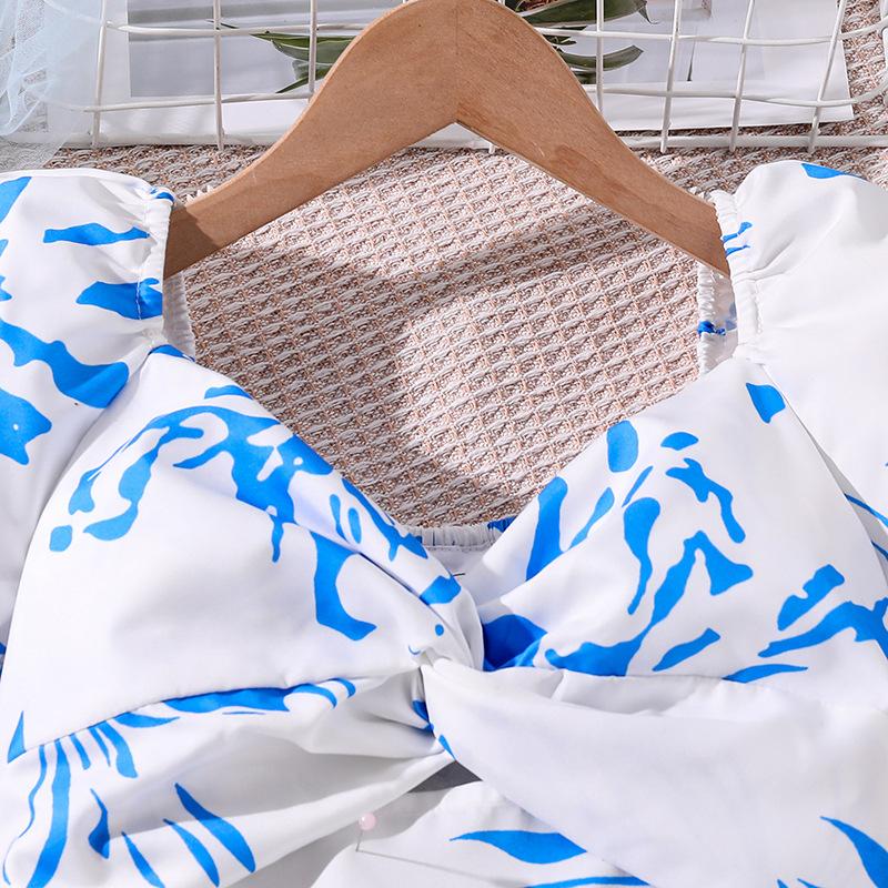 Girls Elegant Dress Spring Summer Children's Slim-fit Printed Puffed Sleeve Dress