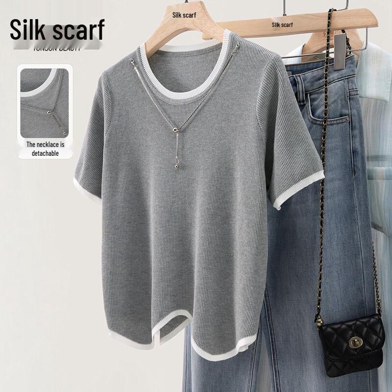 

Women s Slim Fit Color Block Round Neck Short Sleeve Knit T-Shirt S