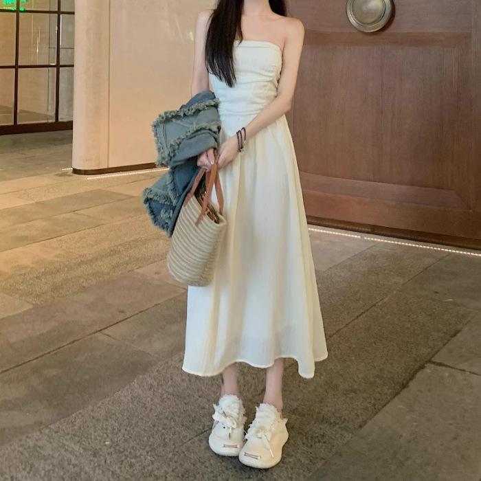 Tube top dress women s summer new French niche high-end feeling waist thin medium and long temperament skirt S