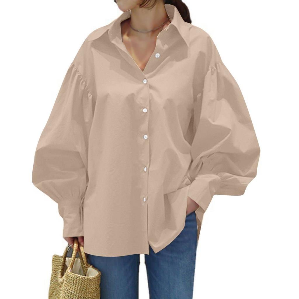 Top da Donna Sottili a Maniche a Lanterna, Monocolore, con Collo a Revers e Bottoni, per Primavera e Autunno, Ufficio, Formali
