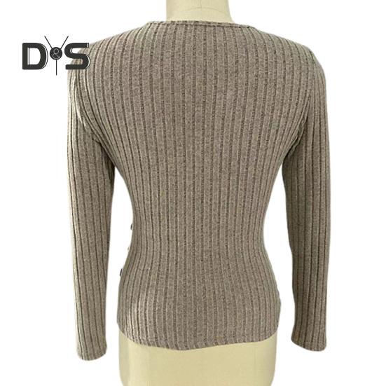 Dámské podzimní jednobarevné topy s hlubokým výstřihem do V, halenka s dlouhým rukávem, elegantní slim fit, knoflíky, dekorace, žebrované svetry