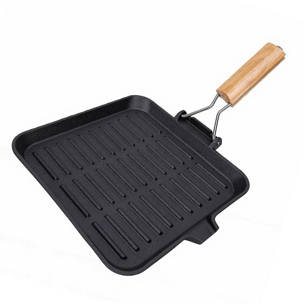Grill Pan with Groove Foldable Handle Square Safe Enamel Coating Cast Iron Grill Pan for Steak Vegetables