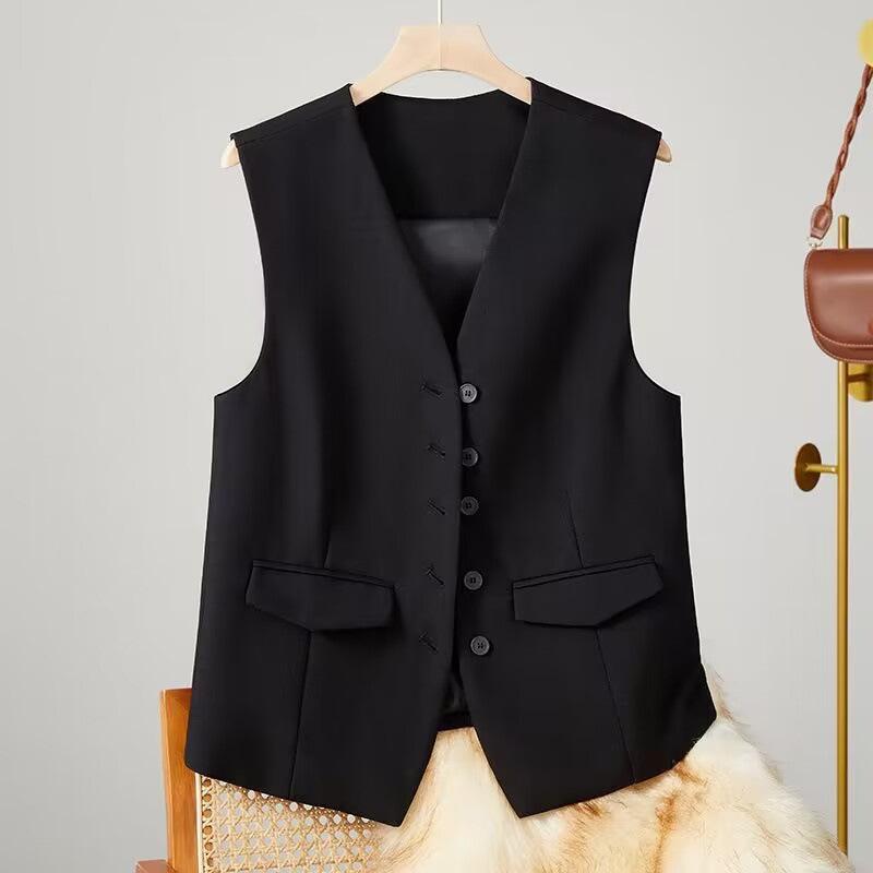 Women Vest Sleeveless Single Button Western Style Slim Fit Cardigan Suit Coat Pure Color Deep V Neck Formal Business Style Lady