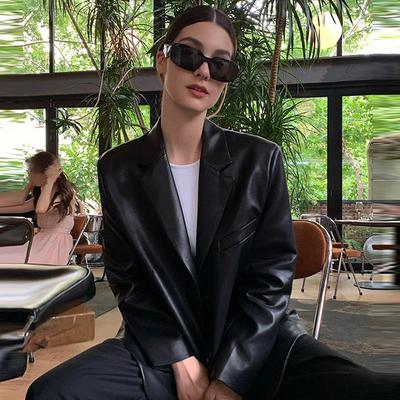 Black Long PU Leather Suit Jacket Women's Loose Spring Autumn Coat with Elegant Style Plus Size Leather Jacket