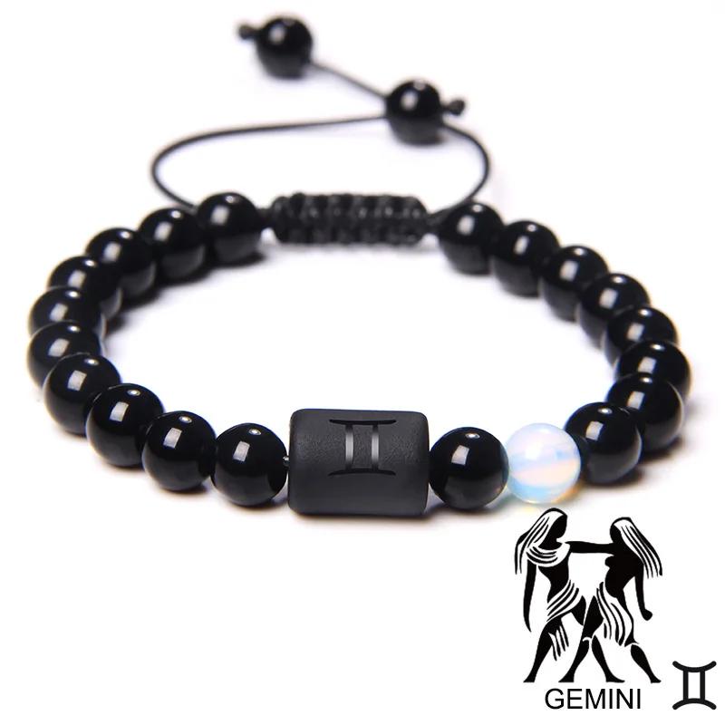 12 Constellation Zodiac Signs Bracelet Black Onyx Beads Cancer Leo Onyx Braided Bracelet for Women Men Couples Jewelry Gift