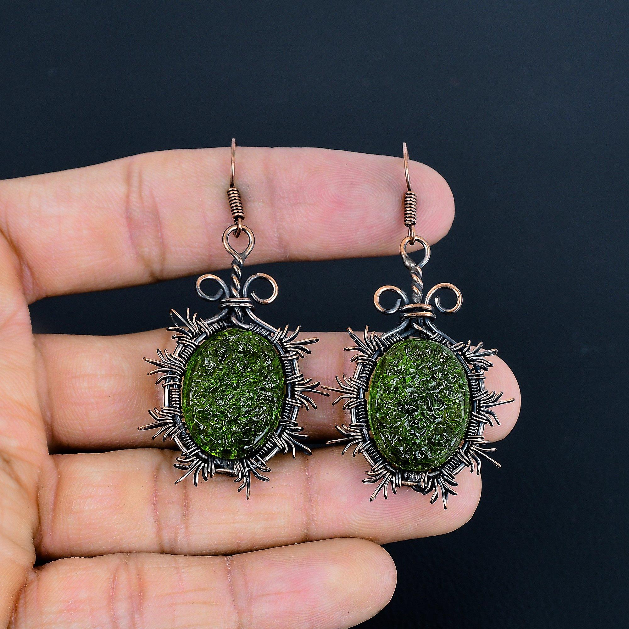 

Серьги из молдавита, ювелирные изделия из драгоценных камней, обернутые медной проволокой 999 пробы, серьги ручной работы ко Дню матери 2.55 Inches