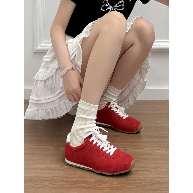 Cowhide Version~ Genuine Leather Flat Bottom Round Head Retro Red Women's Lace-up Versatile Board Shoes Casual Shoes