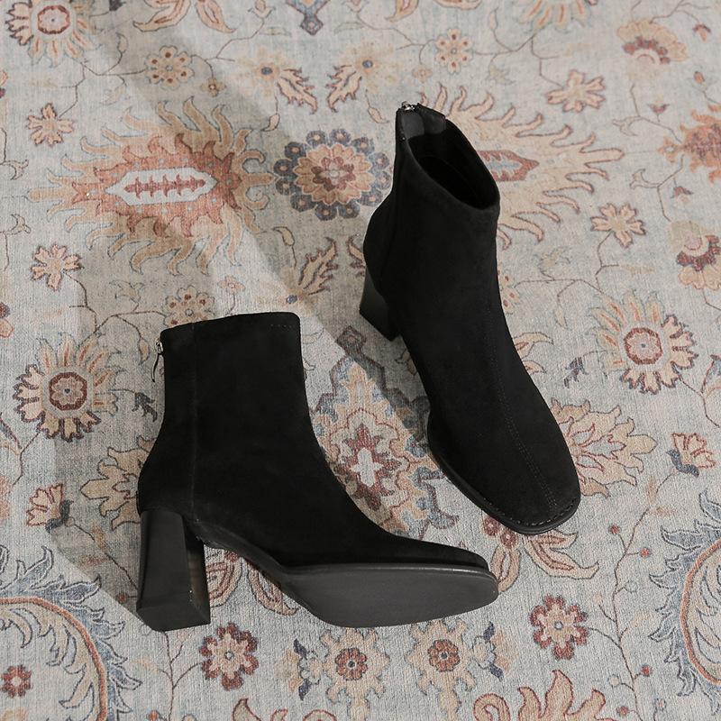 Temperament Suede Thick Heel Short Boots Women's Rear Zipper Autumn and Winter New Comfortable Versatile Square Head Elastic Medium Tube Fashion Boots