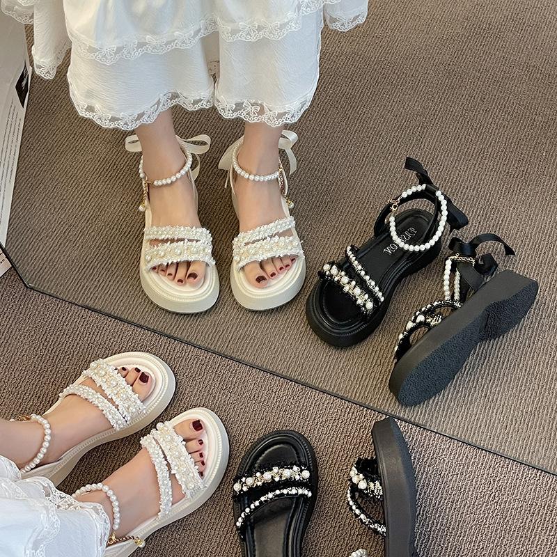 SyfIyno Summer New Pearl Strap Sponge Cake Bottom Small Fragrant Sandals Women's Outerwear Matching Skirt Children's Sandals