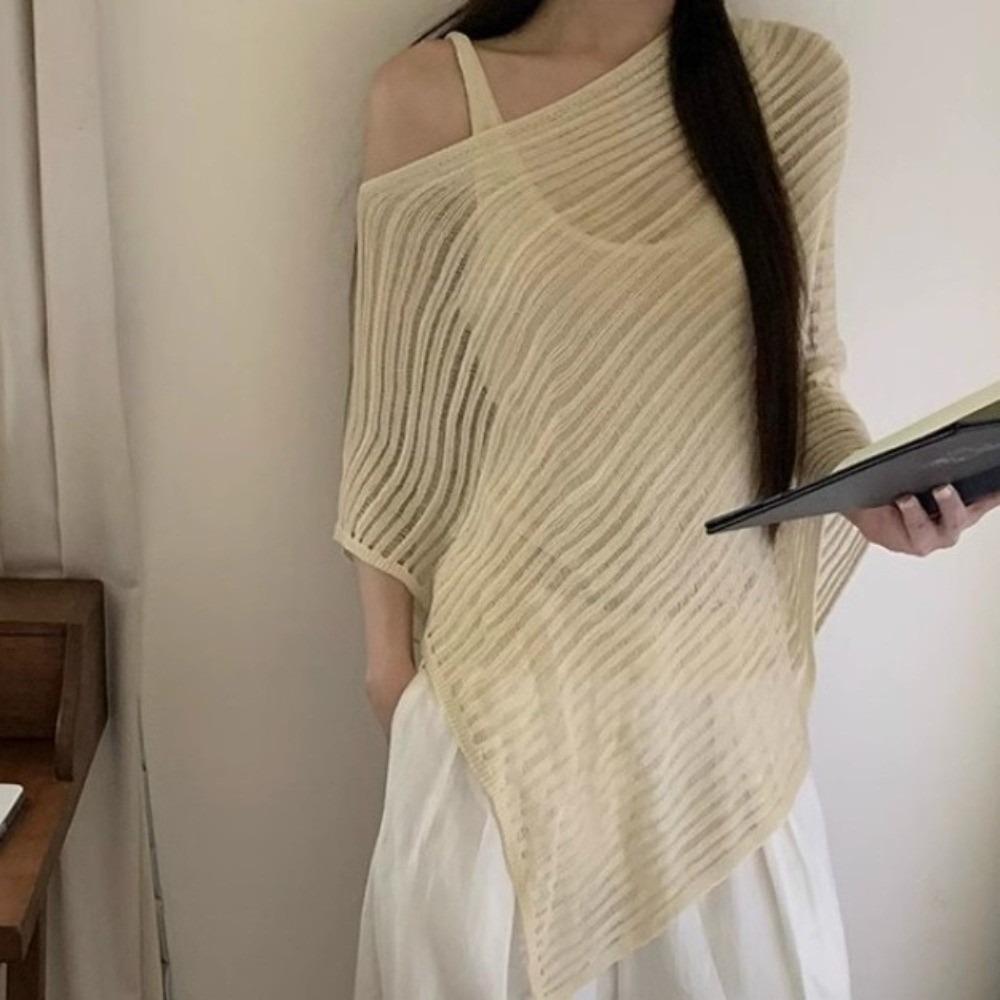 

Stripe Patchwork Sunscreen Cover Up Loose Beach Cloak New Style Crochet Hollow Top Vacation абрикосовый
