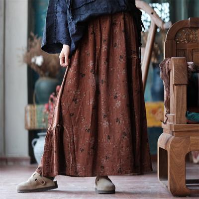 Vintage Women Skirts Print Floral Elastic Waist Autumn Loose Chinese Style Soft Female A-Line Skirts