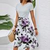 Women's Casual Fashion Belted Floral Print Short Sleeve Round Neck Elegant Dress