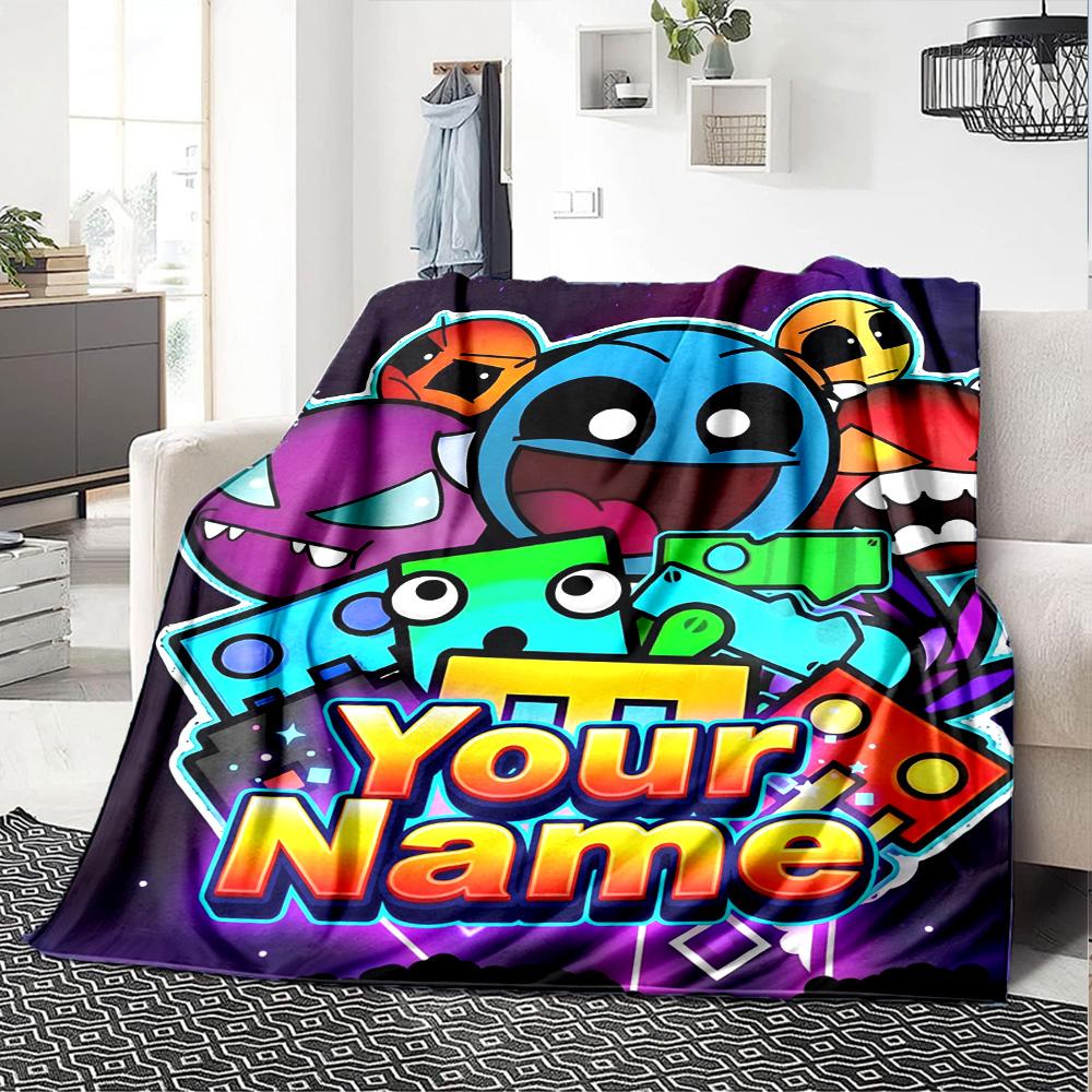 1pc Geometry Dash Blanket with Custom Name, Gift, for Men and Women, Soft Blanket, Good for Sofa Bed Couch Travel, Lightweight Flannel Blanket