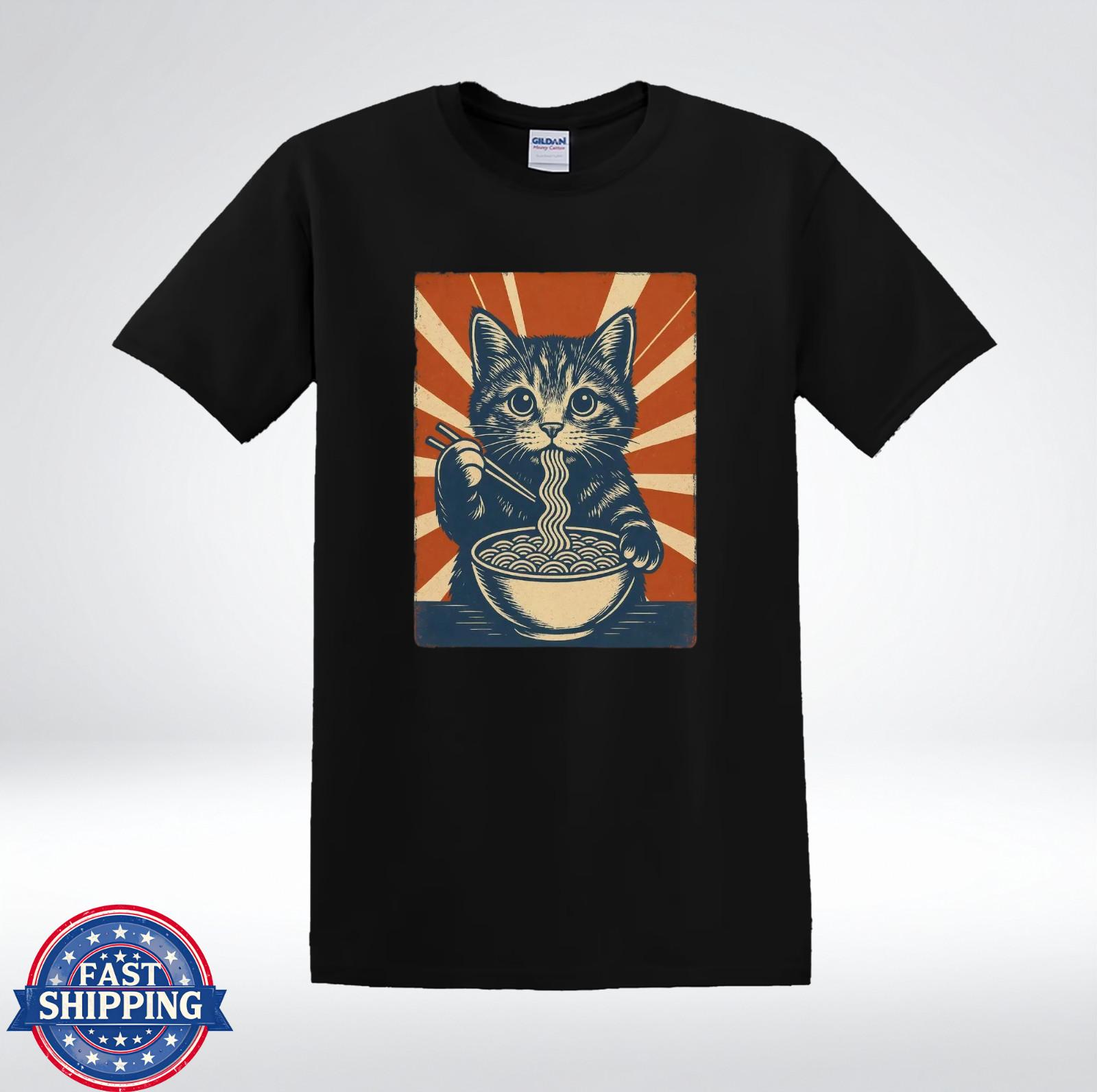 Retro Japanese Cat Ramen Shirt Sunburst Vintage Style Graphic T-Shirt S