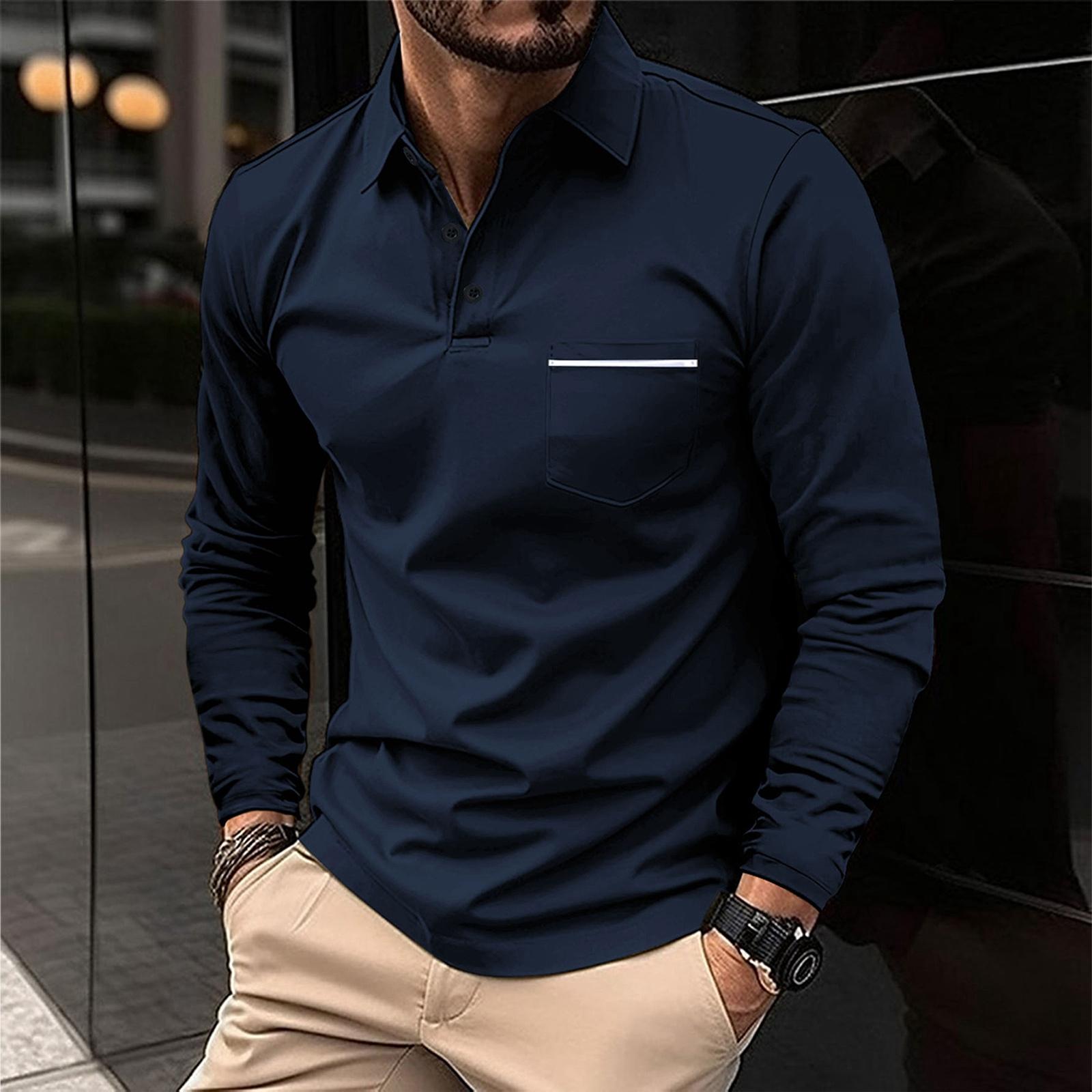 Tracy1 Heren Long Sleeve Polo Shirt Casual Knopenkraag Ontwerp Lichtgewicht Ademend Stof Klassieke Pasvorm Top M