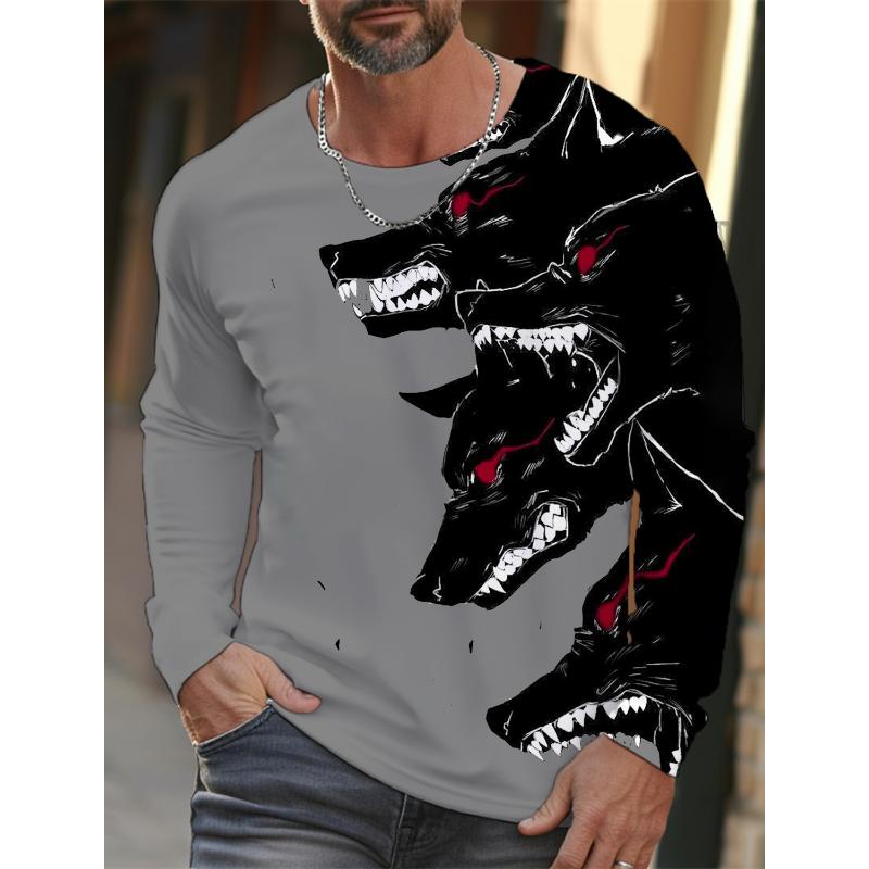2024 Neues Langarm-T-Shirt für Herren mit 3D-Druck und hochauflösendem Wolf-Tierdruck für Herren im Herbst, lässiges T-Shirt mit Rundhalsausschnitt