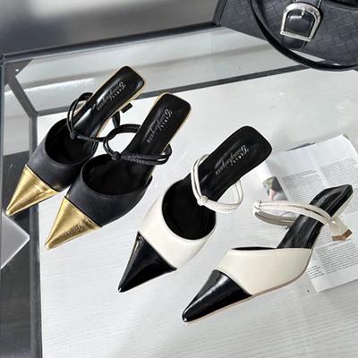 Fashion Summer Sexy Pointy Toe Small Heel Slippers Women Fashion Mules Sandals for Women Back Hollow Covered Toe Design Slides Loafers