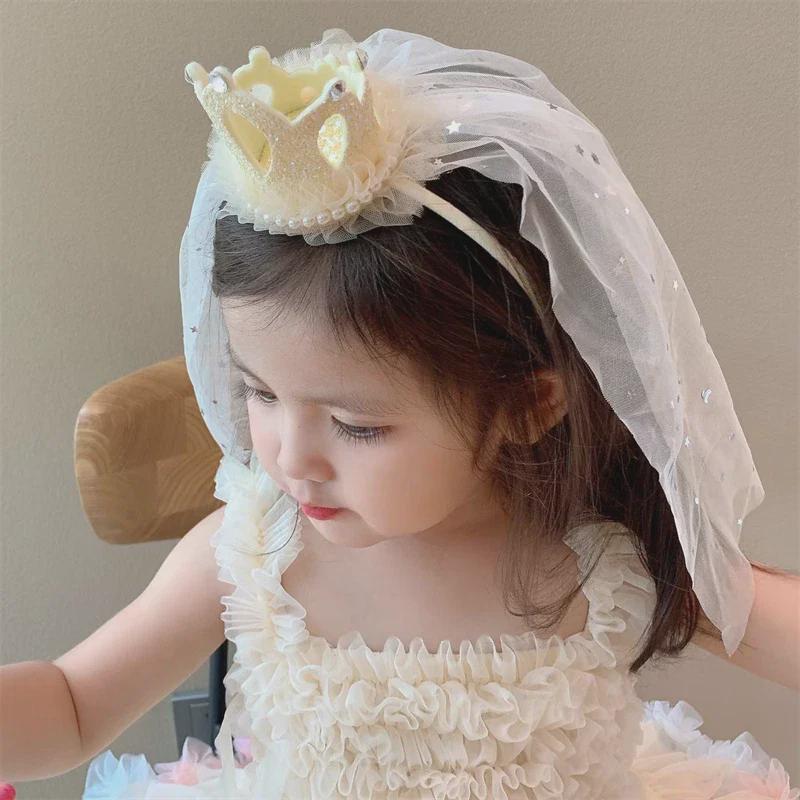 Koreanische Prinzessin 3D Krone Stirnband Schleier für Geburtstagsparty & Blumenmädchen