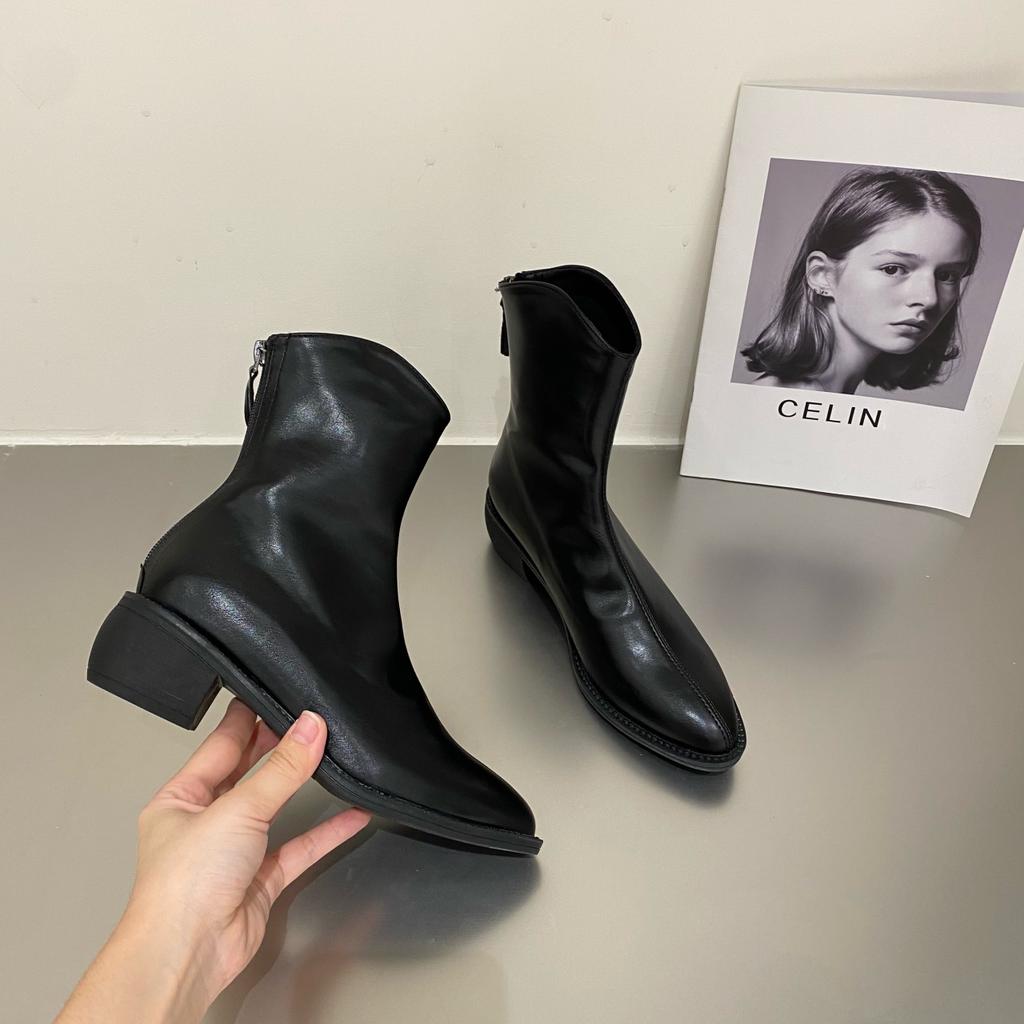 2024 Pointed Toe Women Soft Leather Ankle Boots Back Zipper Short Booties Retro Style Autumn Winter Female Boots D79