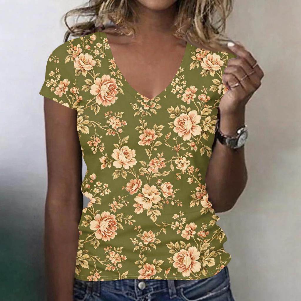Camiseta Floral de Manga Corta con Cuello en V para Mujer, Informal, Holgada, Tejido Ligero y Suave, Top para Uso Diario, Oficina, Viajes