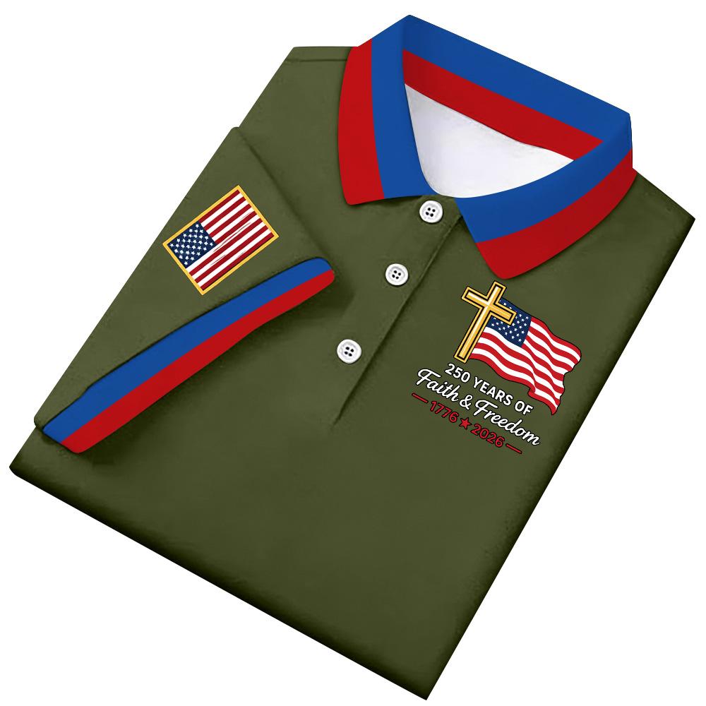 Herren Kurzarm-Polohemd mit Flaggen-Patch und Stickerei Klassische Passform Komfortables Design