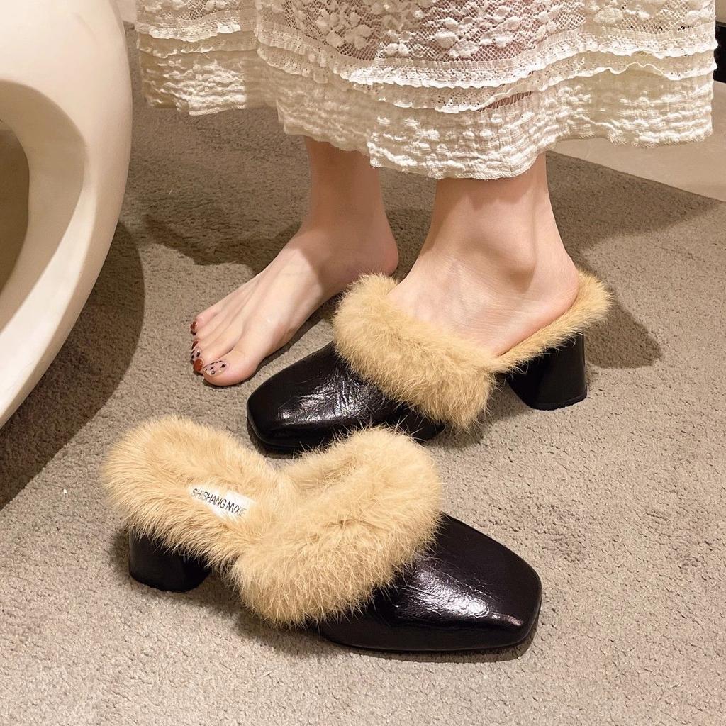 Year Slippers Outer Wear Bag Head Muller Shoes Feel Fluffy Daily High Heels Thick Heel
