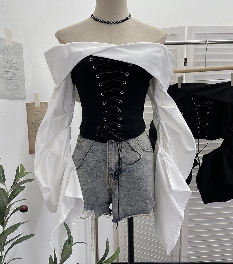 American Retro Camouflage Lace-up Pleated Shirt