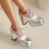Retro Tiefe Mund Mikrofaser Leder Einzelne Schuhe Damen Quadratischer Kopf Dicker Absatz Hohe Absätze Britischer Stil Kleine Lederschuhe Große Größe 34-48